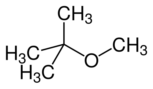 Strukturformel von Tert-Butylmethylether (TBME) bzw. Methyl-tert-butylether (MTBE)